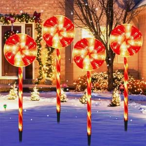 solar candy christmas lawn lights set of 4, waterproof outdoor garden pathway lighting, durable plastic holiday decorations