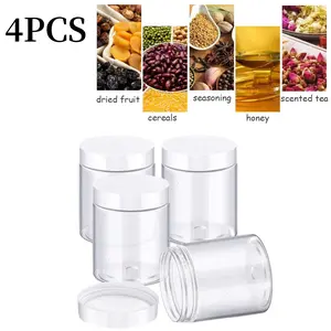 Set of 4 Plastic Jars Containers with Lids Wide-mouth Refillable Leakproof Reusable Round Empty Jars for Travel Cosmetic Dry Food Spice Candy Cookie Home Kitchen Organizing