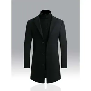 Men Lapel Neck Overcoat Without Sweater, Plain Going Out Basic Overcoat Long Sleeve Fabric Hem Menswear Polyester Stretch