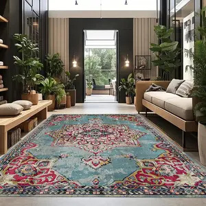 Boho Style Floral Pattern Rug, Boho Area Rug, 1 Count Non-slip Washable Floor Mat, Decorative Carpet for Home Living Room Bedroom Kitchen