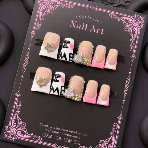 Y2K Style Duckbill Nail Shape, Handmade Press On Wearable Nails, Nail Art, Nail Designs, 3 Sizes S M L, Letter Star Cat 3D French Design, Perfect Gift for Girls
