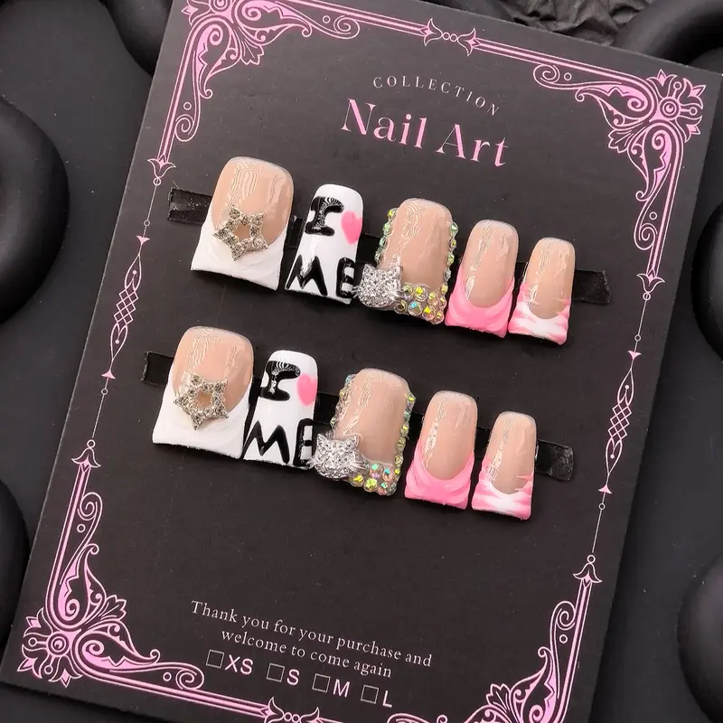 Y2K Style Duckbill Nail Shape, Handmade Press On Wearable Nails, Nail Art, Nail Designs, 3 Sizes S M L, Letter Star Cat 3D French Design, Perfect Gift for Girls