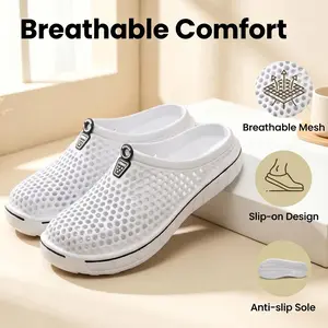 Women's White Breathable Slip-On Clogs | Non-Slip Lightweight Indoor Outdoor Summer Mules | Comfortable Hole Slippers