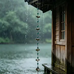 Bronze Umbrella Rain Chain with Blue and Beads, Rust-Resistant Metal, Drainage Gutter Adapter, Decorative Garden Water Management