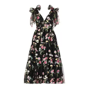 Margaret Floral Embroidered Midi Dress Black