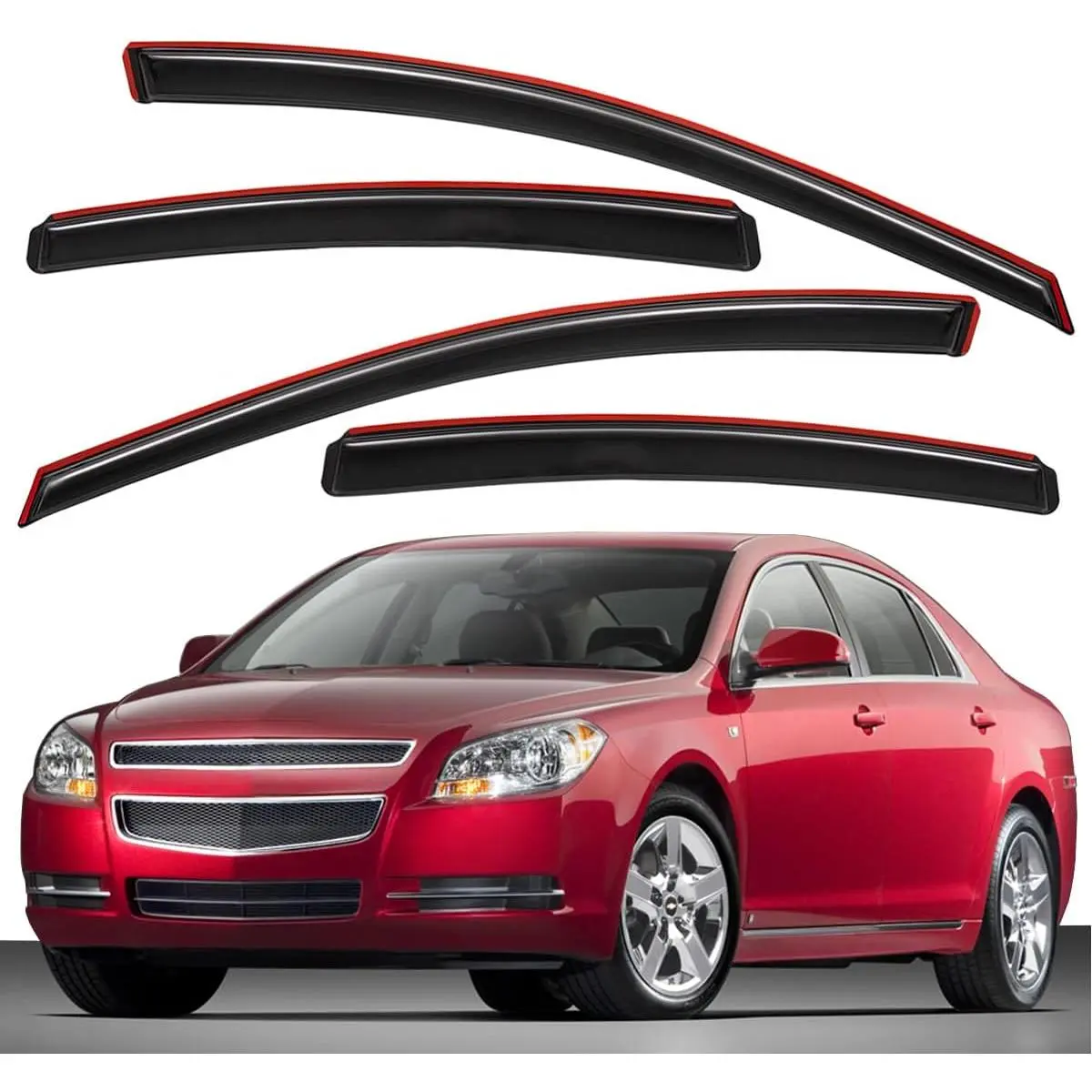 Lightronic Custom-Fit Clip-on In-Channel Smoke Tinted Window Rain Guards, 4-Pcs Sunvisor Side Window Deflectors & Visors, Fits 2008-2012 Chevrolet Malibu, Sun Protection, UV Blocking, Debris Shield, Car-Wash Friendly, Stick-On Install, Extra Durable