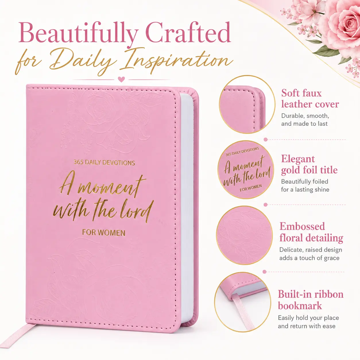 One Minute with God for Women: 365 Daily Devotionals Bible Record Book, Pink Hardcover, Exquisite Embossed Floral Design, Golden Foil Title, Log Book Spiritual Inspiration - Prayer Gift for Mom