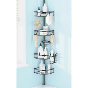 Shower  Tension Pole, 4-Tier Adjustable Corner Shower Standing , Rustproof Rack for Bathroom Bathtub, with 4 Shelves, No Drilling Corner Bathroom Shelf for Inside (Black)