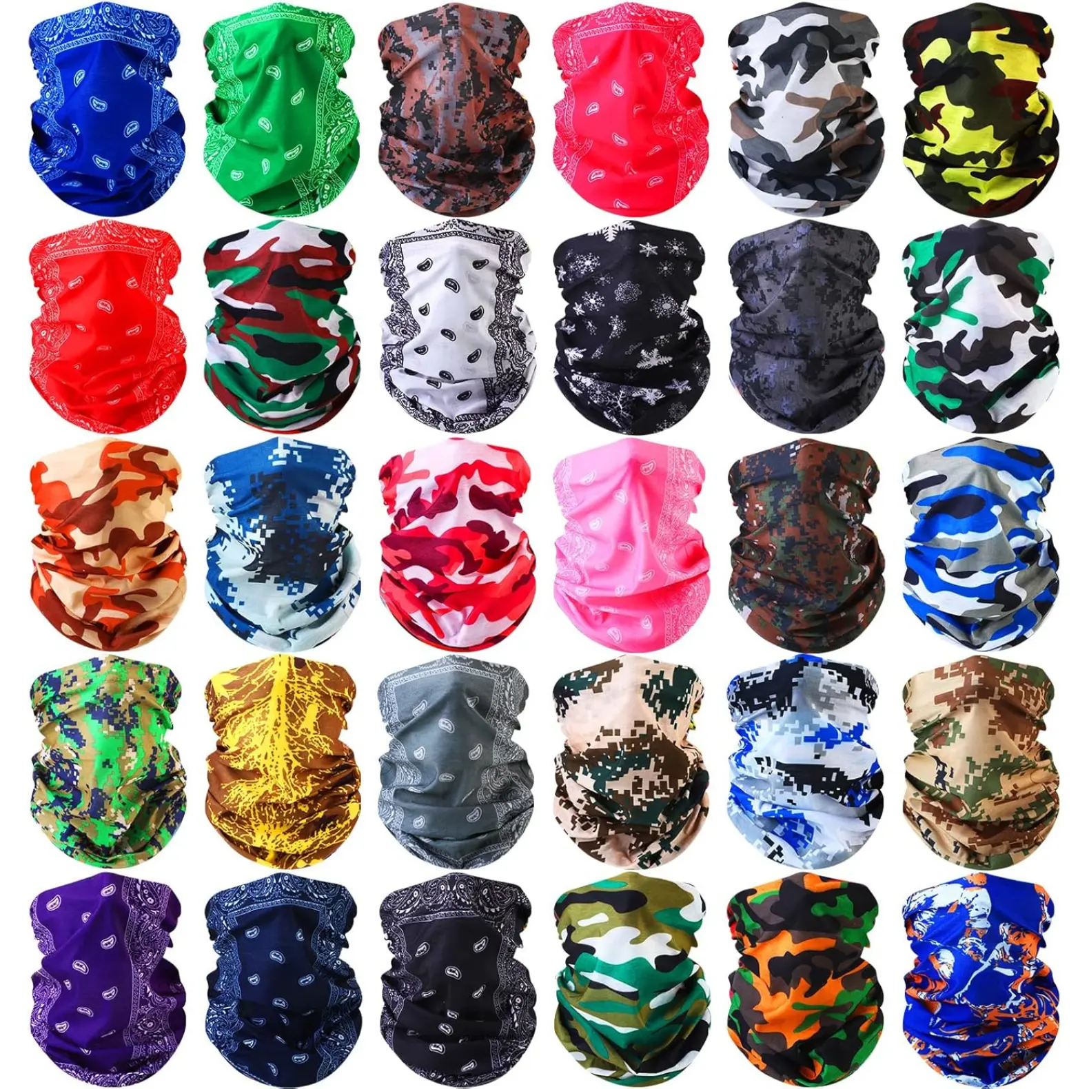 Adults' 30-Pack Stylish Seamless Neck Gaiters (30 Floral & Camouflage Designs), Breathable Polyester Face Covers, Elastic Sun Protection Thermal Wear for Sports & Outdoor Adventures, 1 Size, All Seasons, 25×50cm, Hang Dry, Machine Washable, One Size, 30 D