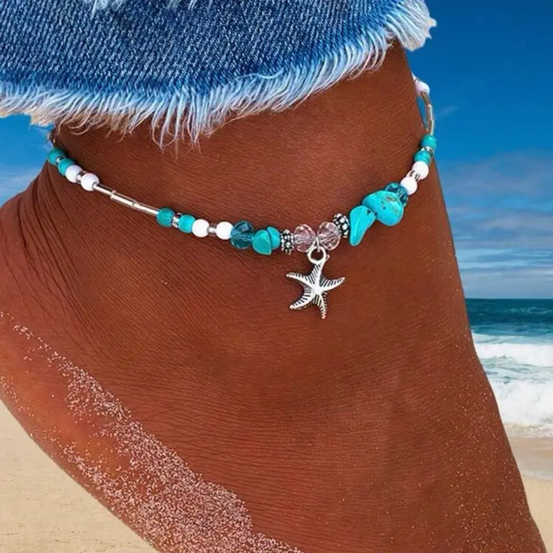 Turquoise beaded seashell anklet
