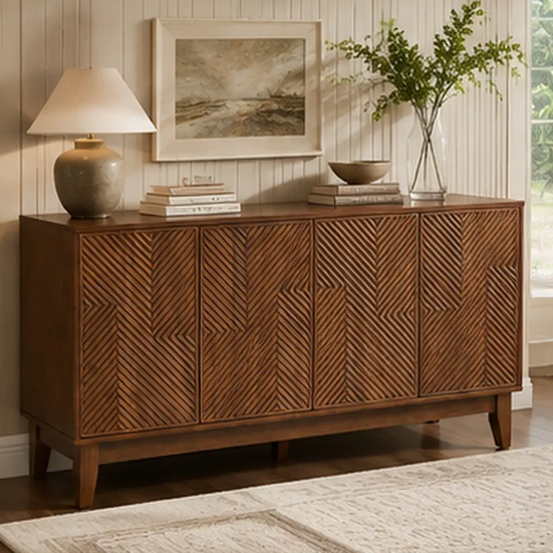 56" Mid Century Modern TV Stand with Storage, Wood Sideboard Buffet Cabinet with Carved Geometric Doors, 4 Door Media Console for Living Room Dining Room Entryway, Walnut Engineered Hardwood, Walnut Color Options, Wood Material