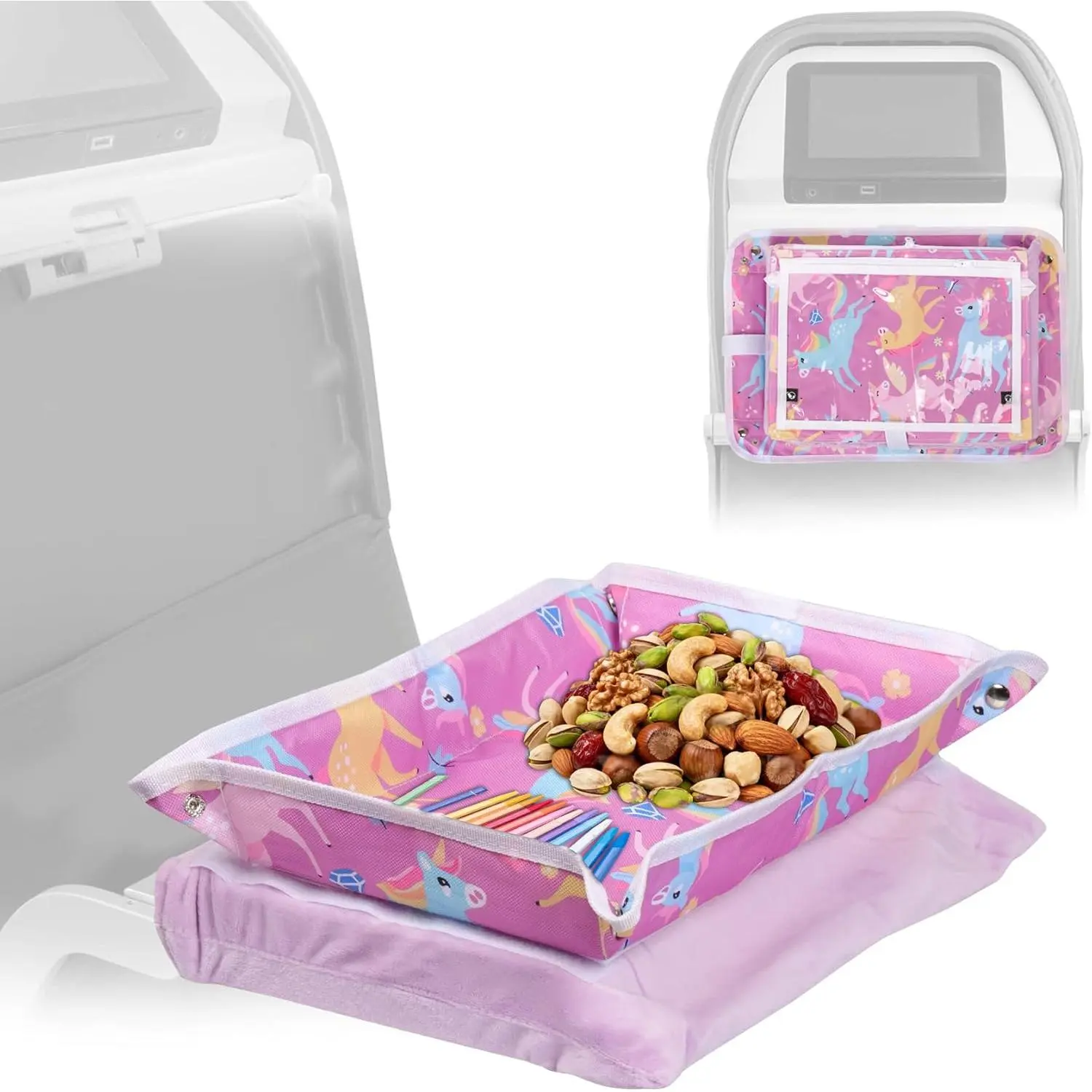 DAMAH Kids Tray Table Cover,Airplane Travel Essentials for Kids, Toddlers, Adults, Airplane Must Haves, Plane Travel Essential, Travel Tray for Plane Train,(Pink)