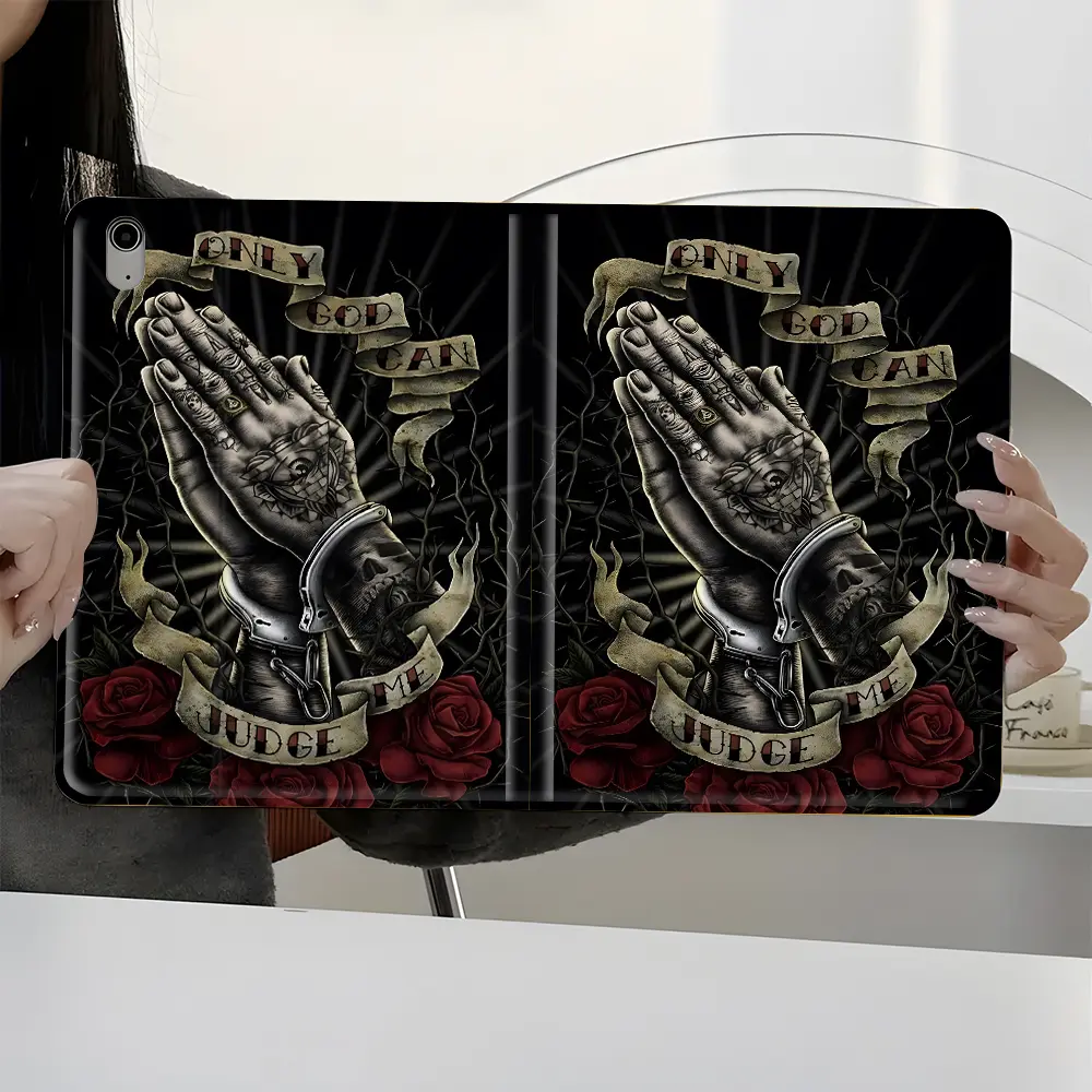 Gothic Praying Hands Design iPad Case Book-Style Case, Only God Can Judge Me Edgy Cool Tech Cover, Unique Protective Shell for iPad Pro, Air, Mini, Full Protection with Pencil Slot, Perfect Gift for Family and Friends, Tablet Protective Cover