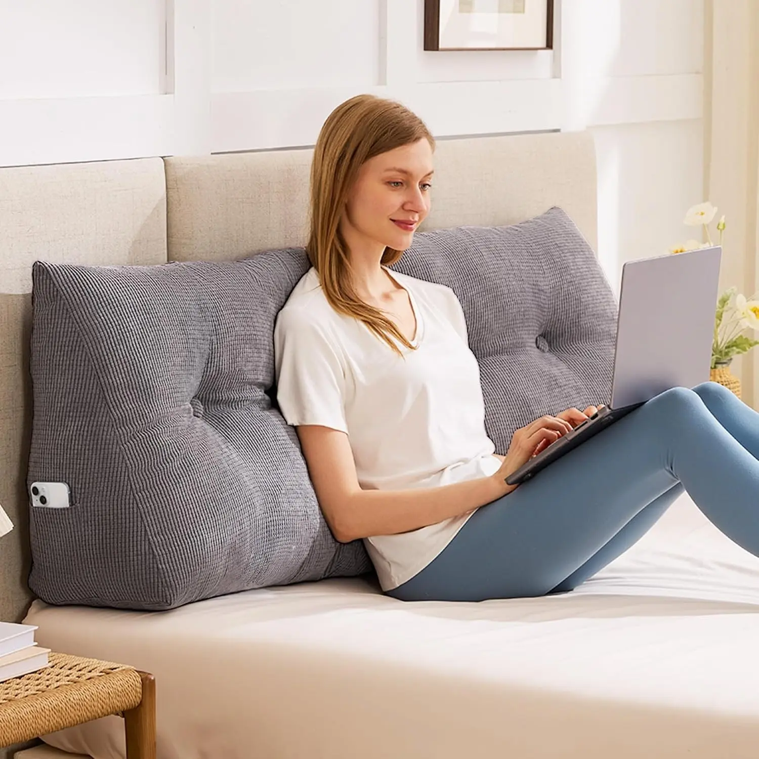 IASEAHK Headboard Pillow Queen, Wedge Pillow Headboard, Dark Grey | Triangle Backrest for Headboard, Bed Pillow for Sitting Up Reading Working, Removable Cover, Side Pockets, for Bed Dorm Sofa