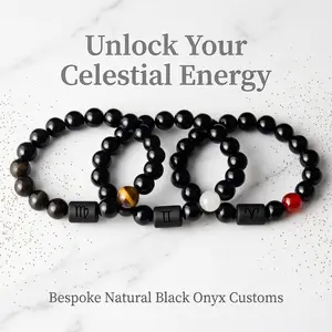 COSMAVON 12 Zodiac Natural Black Agate Guardian Constellation Beaded Energy Bracelet — Stylish Crystal Luck Charm, Unisex Gift