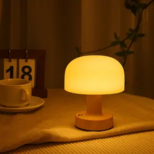 Mushroom Cordless Table Lamp Waterproof Battery Operated Rechargeable LED Night Light Touch Dimmable Desk Lamp for Patio Camping Restaurant Home Decor Wood Grain Fabric