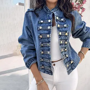 ChicMe Stand Collar Long Sleeve Button Front Coat Casual Spring Denim Jacket Collared Outerwear