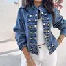 CHICME Women's Stand Collar Long Sleeve Button Front Coat Casual Denim Jacket Collared Outerwear
