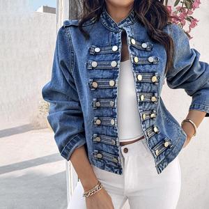 CHICME Women's Stand Collar Long Sleeve Button Front Coat Casual Denim Jacket Collared Outerwear