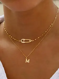 Women's Classic Stainless Steel Necklace Set, Adjustable Necklace, Jewelry Accessory, Layered Chain Design, Elegant Letter Pendant & Zirconia Pin