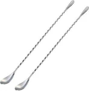 2-Piece Stainless Steel Bar Spoon Set, 12-Inch Long Handle Stirring Utensils, Silver