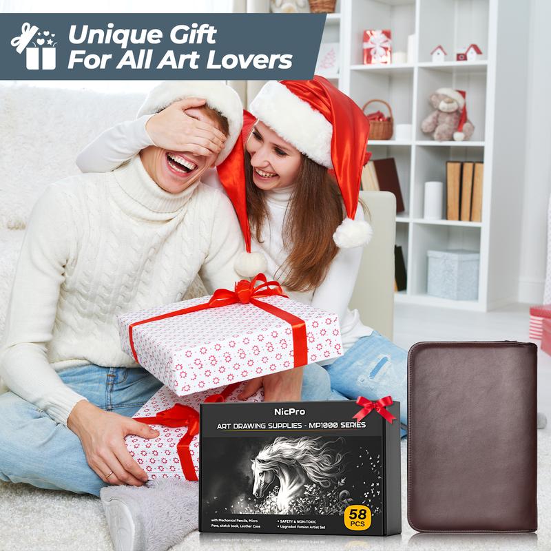 Nicpro 58 PCS Art Drawing Supplies Kit in Leather Case, Art Mechanical Pencil Set with Metal Drafting Pencil  0.5 & 0.7 & 0.9 & 2mm, 12 Micron Pen, Sketch Book, 30 Tube Lead Refills for Sketching