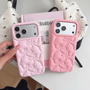 Cute 3D Puff Bow Soft Silicone Phone Case For iPhone 17 16 15 14 13 12 Pro Max Kawaii Bowknot Shock Proof Back Cover Capas