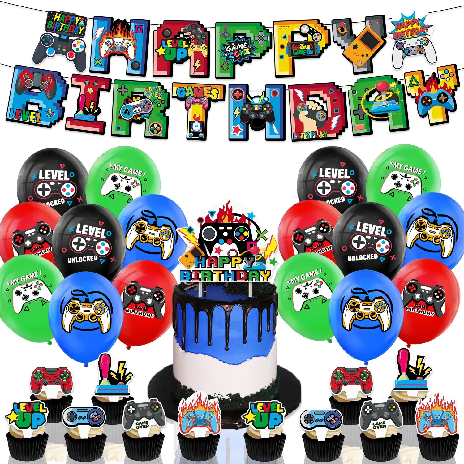 30-Piece Game Machine Theme Birthday Party Decoration Set, Birthday Party Kit, Includes Banner, Cake Topper, Balloons, Perfect for Gaming Themed Parties, Party Supplies