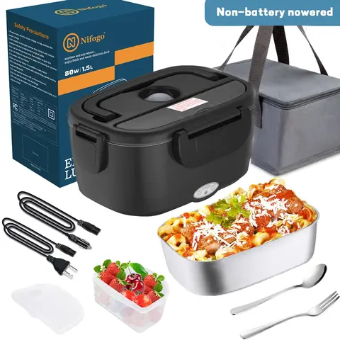 Nifogo 80W Blue+Black Electric Compact Portable Lunchbox for Adults, 1.5L/1.8L Stainless Steel Self-Heating Container with Bag & Tableware, 12V/24V/110V for Car/Truck/Classic Use
