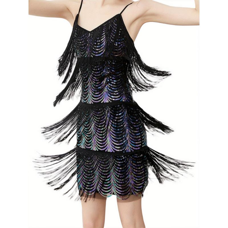 Women Sling Dress, Sleeveless Off Shoulder V Neck Tassels Casual Party Summer Dress Fabric Fit Womenswear Spandex Black Formal