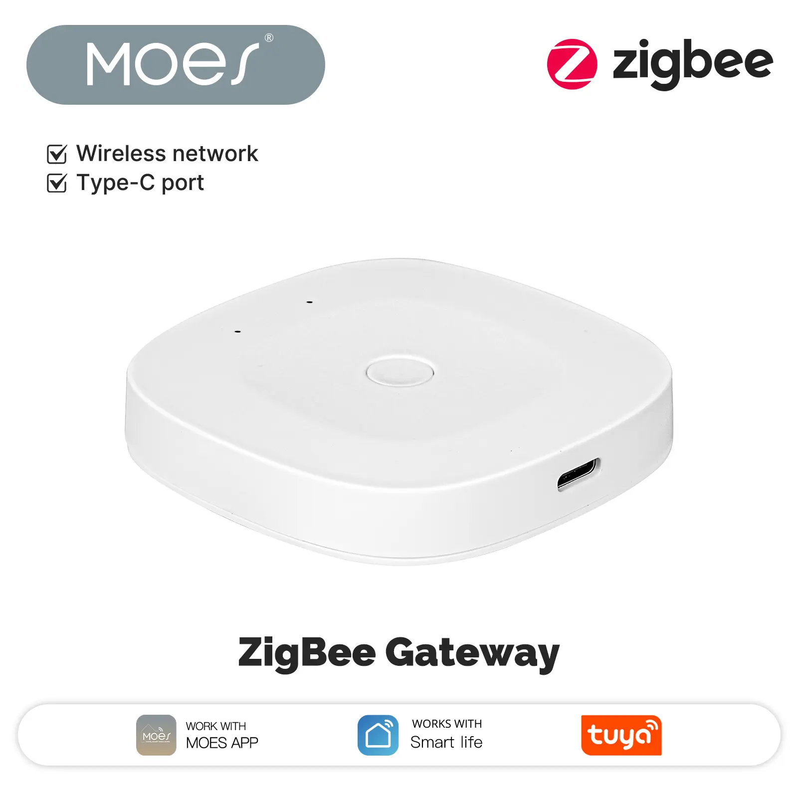 MOES Wireless Zigbee Gateway with Type-C Port, Wide Operating Range, Easy Setup in Minutes, Connect Door Sensors, Motion Sensors, Curtain Motors, and More