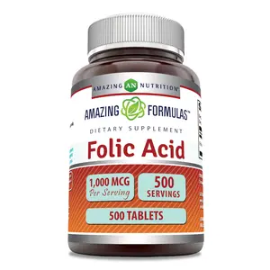 Amazing Formulas Folic Acid (Vitamin B9) Supplement | 1000 Mcg | 500 Tablets | Non-GMO | Gluten-Free | Made in USA