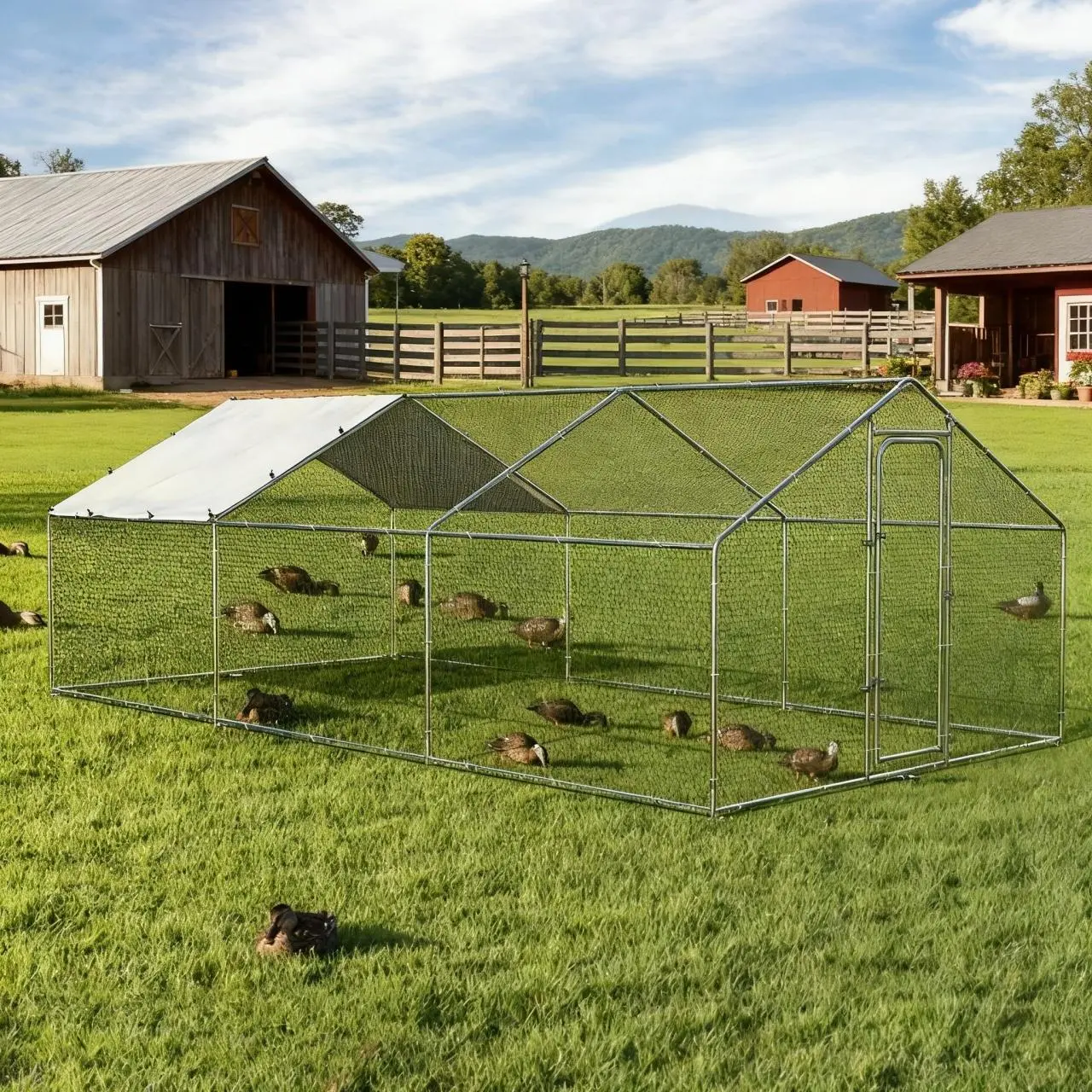 ORANLAND Large Metal Chicken Coop, Walk-in Chicken Cage with Spire Runs, Security Lock & Waterproof Cover for Outdoor Farm Use