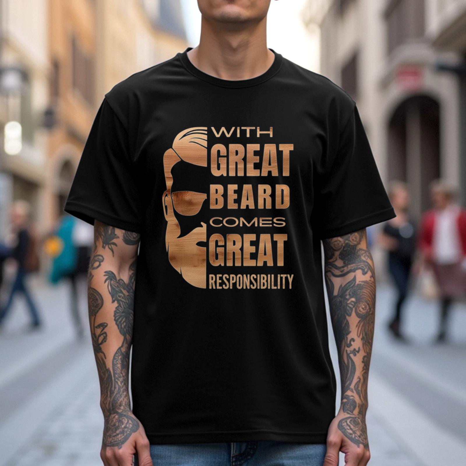 Funny Beard Shirt Wood Design, With Great Beard Comes Great Responsibility, Men's Beard T-Shirt, Funny Shirt for Men, Gifts for the Bearded graphic tee