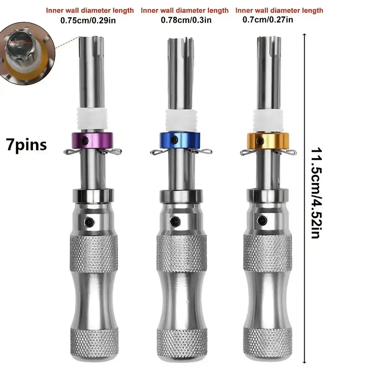 3 Pieces of 7-Pin Tubular Tools, Made of Stainless Steel, Three Sizes Suitable for Various Specifications, with Reset Function, Multi-Functional Hand Tool, Mechanical Tool Set, Hand Tool Kits
