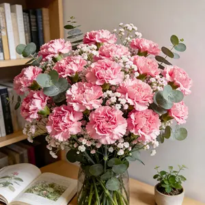 Artificial carnation bouquet with baby's breath, carnation stems, and eucalyptus, low-maintenance artificial flowers, suitable for vase arrangements, New Year - Mother's Day - Valentine's Day - Christmas - Easter - weddings - cemetery artificial flowers