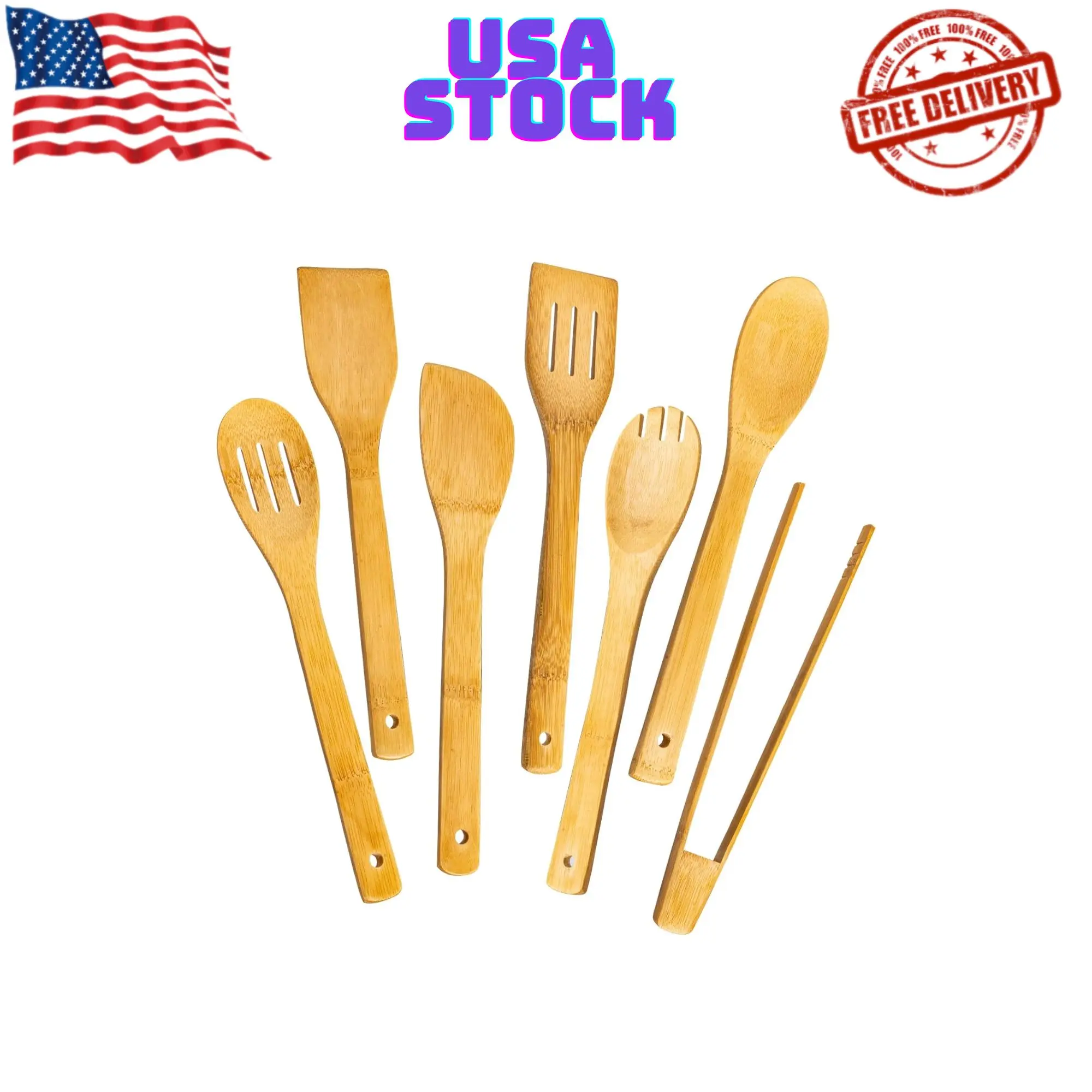 Wooden Spoons for Cooking 7-Piece, Kitchen Nonstick Bamboo Cooking Utensils Set