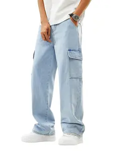 Teen Boys 13-16 Years Cargo Jeans with Pockets, Light Wash Wide Leg Y2K Style, Back to School Casual Streetwear, Trendy and Comfortable