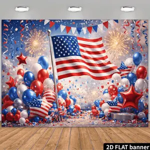 2D Flat Independence Day Celebration Backdrop, Featuring The American Flag As The Main Element, Paired with Red, White, And Blue Balloons, Star Decorations, Ribbons, And Fireworks, Material, Suitable for Indoor And Outdoor Parties