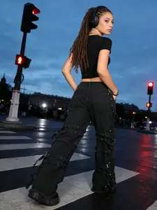 Young Trendy Women | Music Festival/Punk Party Outfit | High Waist Strap Buckle Cargo Pocket Distressed Black Denim Wide-Leg Pants | Distressed Raw Edge Process | Dark Hot-Girl Style | Figure-Flattering Eye-Catching Bottoms