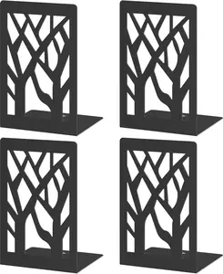 4 Pcs Bookends, Modern Metal Bookends for Shelves, Black Tree Book Ends for Books, Decorative Book Organizer for Desk, Bookends