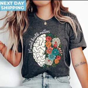 Mental Health Matters Floral Brain T-Shirt for Women - Casual Short Sleeve Top for Fall Spring Summer Winter Wear