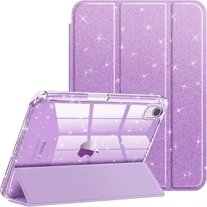 Slim Case for iPad Mini 7 (A17 Pro, 7th Generation) 2024 / iPad Mini 6 (6th Gen) 8.3 Inch - [Built-in Pencil Holder] Glittering Sparkly Shockproof Cover w/Shiny Clear Back Shell, Purple