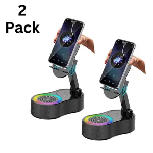 5in1 Wireless Induction Audio Bluetooth Speaker Phone Holder Emergency Rechargeable (3000mAh) with Colorful Ambient Light 300° Foldable for Tablet iPhone Android, Gifts for Men Women (2 Pack Black)
