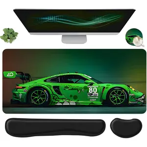 4pcs Cool Green Racing Car Design Mouse Pad + Keyboard Wrist Rest + Ergonomic Mouse Pad + Coaster Set For Desktop Decoration, Office Accessories Set Ergonomic Wrist Support, Computer Mat Mouse Pad Coaster Suitable For Home Office Gaming