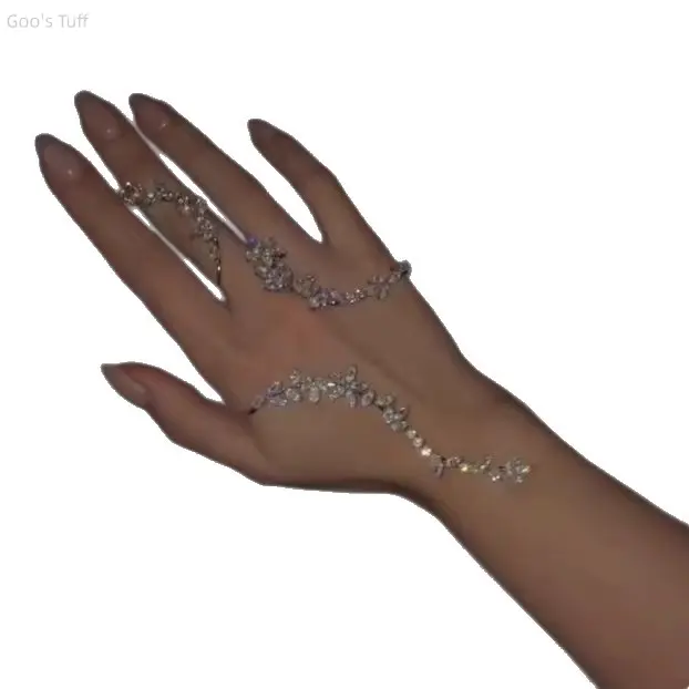 Bracelet Women Jewelry Hand Bangle Finger Ring Combo Fashion Hand Accessory Floral Branch Design Long Connected Ring Bracelet All In One Wrist Finger Linked Bangle Shiny Bling New Arrival Luxury Elegant High Class For Daily Outfit Party Ladies Decor