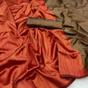 INDIAN FANCY BANARASI SILK ZARI WEAVING WORK SAREE WITH UNSTITCHED BLOUSE ORANGE