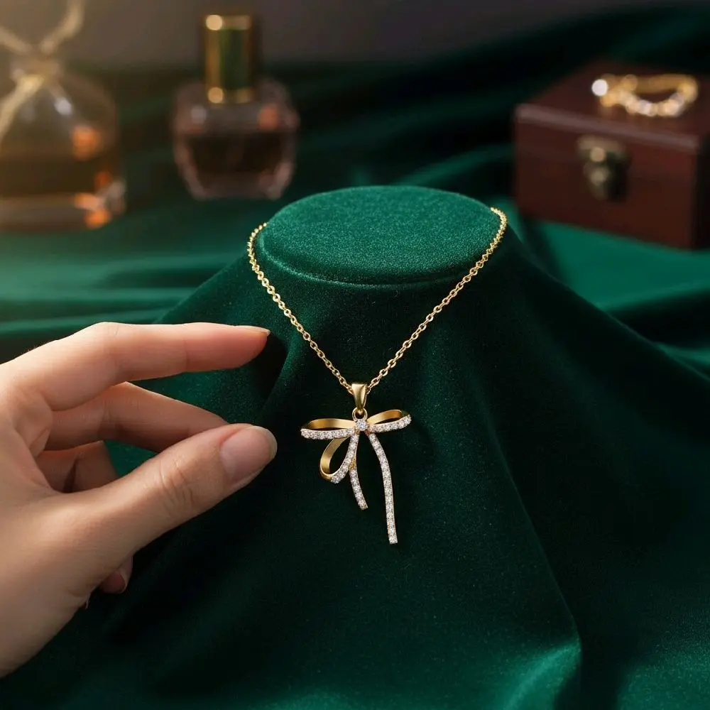 18K Gold Plated Crystal Bow Pendant Necklace Tarnish proof, waterproof, beach safe, hypoallergenic Dainty Coquette Ribbon Charm Luxury Minimalist Jewelry Gift