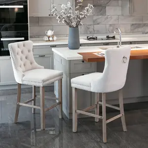 Modern Velvet Bar Stools Set of 2, Button Tufted Upholstered Bar Chairs with Wooden Legs & Nailhead Trim, Luxury Leisure Home Bar Furniture