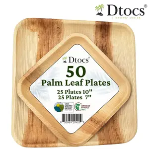 50 Party Plates | 10" Dinner (25), 7" Dessert (25) Square Palm Leaf Plates